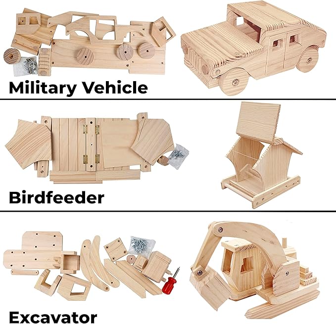 Kraftic Woodworking Building Kit for Kids and Adults, 3 Educational DIY Carpentry Construction Wood Model Kit STEM Toy Projects for Boys and Girls - Wooden Military Vehicle, Excavator and Bird-Feeder-VerdiqueGarden