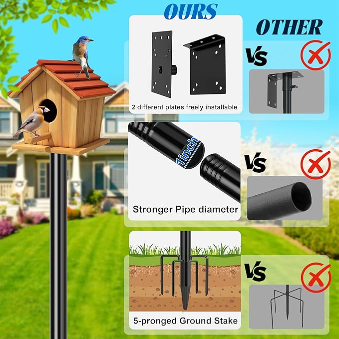 Ottsuls Bird Feeder Pole, 76 Inch Heavy Duty Bird House Pole Kit for Outdoors, with Wooden Board, 5-Prong Base Feeding Station for Wild Birds Watching, Adjustable Feeder Stand (House Not Included)-VerdiqueGarden