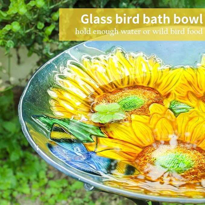 VCUTEKA Bird Baths for Outdoors, Glass Bird Bath with Metal Standing for Garden, Yards Patio Décor, Bird Lovers Gift, Sunflower Glass Birdbath Detachable (22" H * 18" W)-VerdiqueGarden