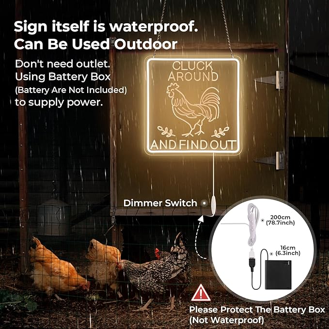 Funny Cluck Around and Find Out Large Neon Sign Dimmable, Rooster Decor 16 X 16 Inch Kitchen Decor for Farmhouse, Chicken Coop, Garden, Farm House Decoration, Rooster Gifts-VerdiqueGarden