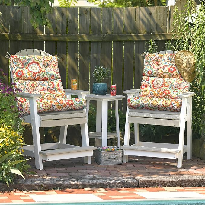 LVTXIII Outdoor Seat/Back Chair Cushion Patio Tufted High Back Cushion, Seasonal Replacement Rocking Chair Cushion with Ties (22” W x 20D”, Set of 2, Flower Red)-VerdiqueGarden