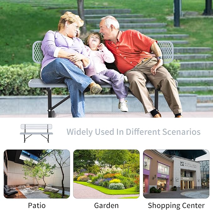 Heavy Duty Park Bench with Back Portable Frame, Outdoor Steel Bench with Backrest, Outdoor Park Bench Expanded Metal Mesh Bench for Lawn, Park, Deck, Garden, Patio, Porch, Black (Gray, 6FT)-VerdiqueGarden