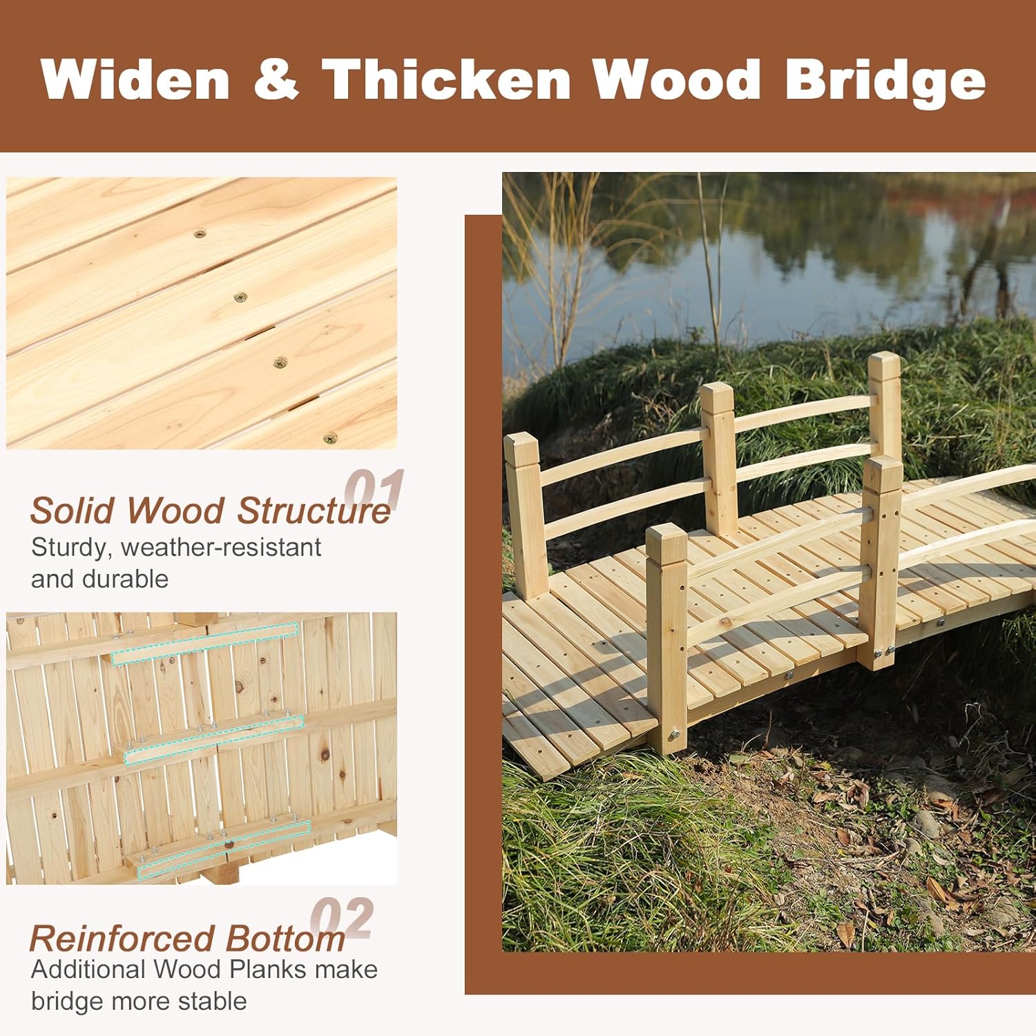 HOMEDIARY Fir Wood Garden Bridge, Outdoor Arc Footbridge Walkway with Double Safety Railings, Decorative Pond Bridge Landscaping w/550lbs Capacity for Backyard Garden Creek Pond Decor, Natural-VerdiqueGarden