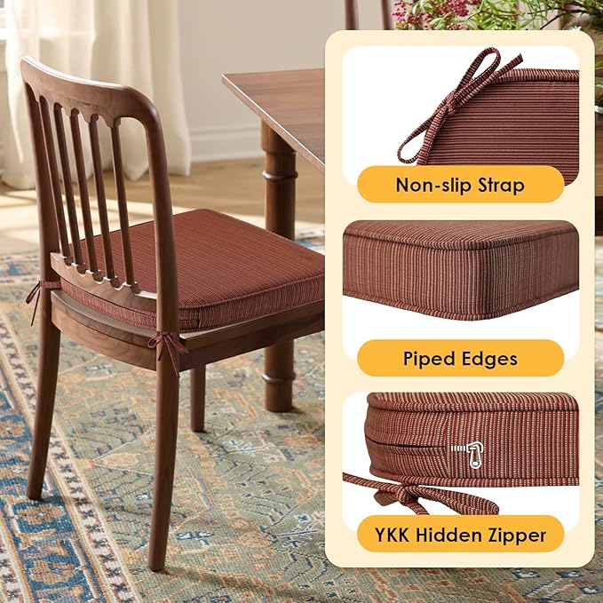 Outdoor Outdoor Round Corner Seat Cushion, 17"x16"x2", Set of 4, Non Slip Seat Cushion Pads with Removable Cover for Patio Furniture, Garden Yard Lawn, Dark Yellow Tan Stripe-VerdiqueGarden