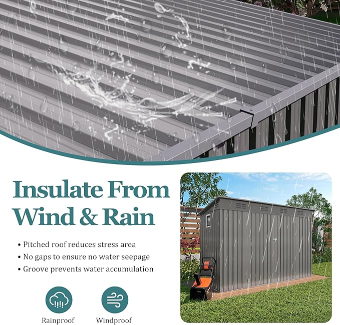 4 * 9.2 * 6 FT Outdoor Storage Shed, Galvanized Steel Garden Shed with Lockable Door & Window, Waterproof Metal Tool Storage for Garden, Backyard, Patio, Lawn(Gray)-VerdiqueGarden