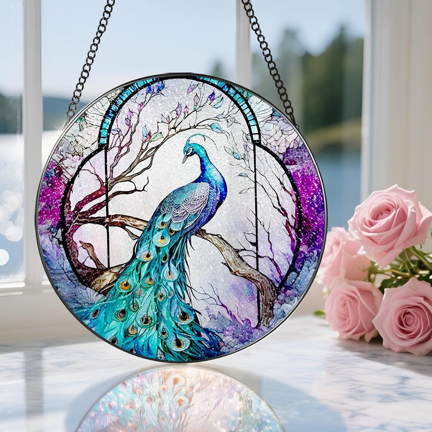 Stained Glass Window Hanging, Stained Glass Suncatcher, Peacock Sun Catcher, Window Decor, Peacock Gift, Gifts for Mothers Day, Christmas or Birthday Gift, Gifts for Her Mom Grandmother Daughter-VerdiqueGarden