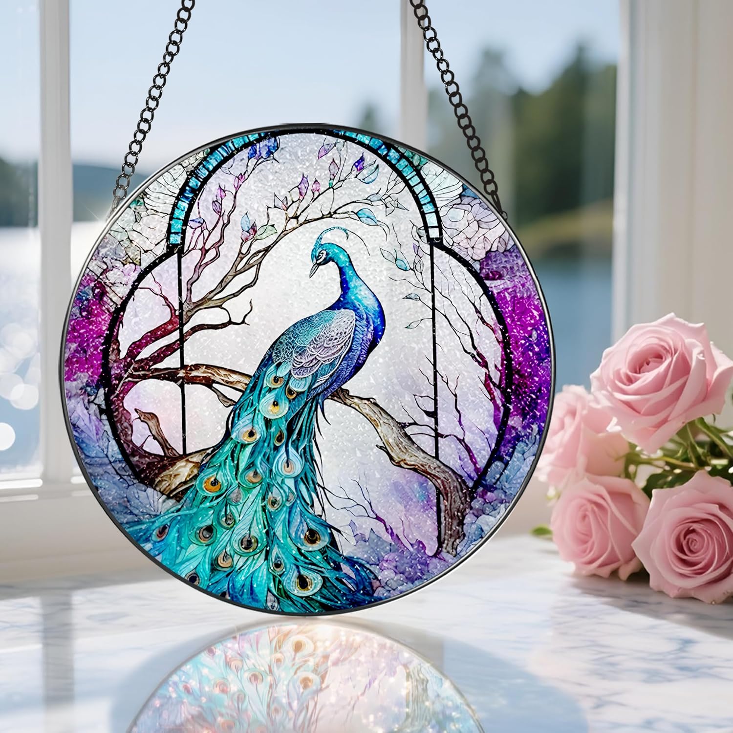 Stained Glass Window Hanging, Stained Glass Suncatcher, Peacock Sun Catcher, Window Decor, Peacock Gift, Gifts for Mothers Day, Christmas or Birthday Gift, Gifts for Her Mom Grandmother Daughter-VerdiqueGarden
