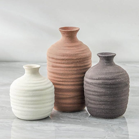 Ceramic Vase Set of 3 Decorative Vase for Home Decor Modern Farmhouse Decor Pottery Neutral Vases for Living Room Bathroom Table Mantel Fireplace Entryway Shelf (02-Brown)-VerdiqueGarden