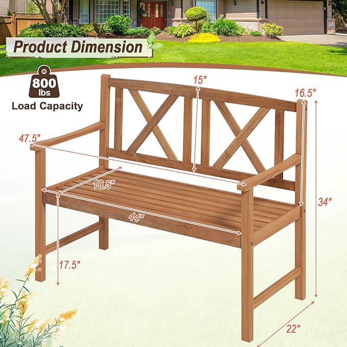 Giantex Patio Garden Bench Loveseat - 2-Person Acacia Wood Bench with Armrest, Backrest, Sturdy Frame, 800lbs Capacity, Outside Park Bench for Patio, Yard, Front Porch, Outdoor Garden Bench, Natural-VerdiqueGarden