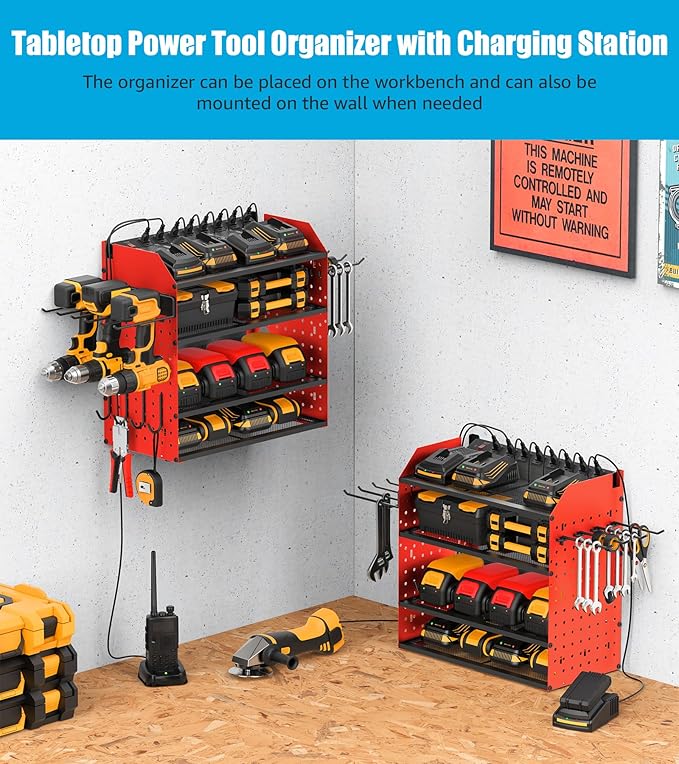 CCCEI Modular Desk Power Tools Organizer with Charging Station, 4 Layer Drills Battery Storage Wall Mount, Garage Shop Organization, Anniversary, Birthday, Gifts for Men, Father, Red, 10FT Cord.-VerdiqueGarden