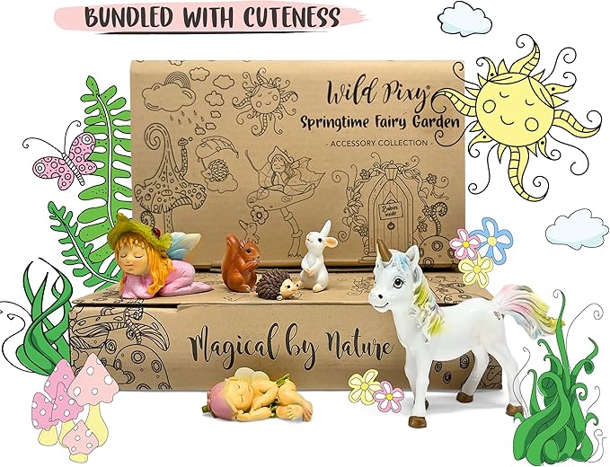 WILD PIXY Baby Miniature Fairy Garden Set – Springtime Fairy Accessories Kit with Gorgeous Fairies and Animals, Indoor/Outdoor Figurines in Designer Gift Box, Perfect for Garden Decor-VerdiqueGarden