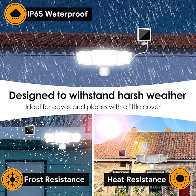 Energetic Solar Outdoor Lights, 1800LM 192 LED Security Motion Sensor Outdoor Lights with Remote Control, IP65 Waterproof Floodlight, 3 Head Motion Detected Spotlight for Garage, Pack of 2 (White)-VerdiqueGarden