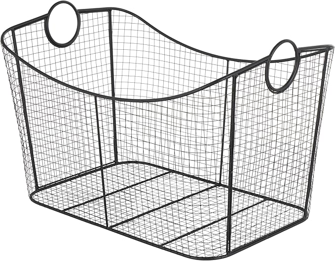 Deco 79 Metal Large Open Frame Wire Grid Storage Basket with Curved Sides and Ring Handles, 30" x 20" x 20", Black-VerdiqueGarden