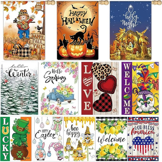 12 Pcs Seasonal House Flags 28x40 Double Sided Seasonal Large Garden Flags for All Seasons Set of 12 Spring Easter Valentine Halloween Christmas Holiday Yard Decoration, Welcome Outdoor Decor 28x40 In-VerdiqueGarden