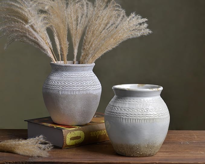 Quoowiit Ceramic Rustic Farmhouse Vase, Distressed Flower Vase for Home Decor, Boho Decorative Vases for Centerpiece Table Decorations, Vases for Living Room Kitchen Entryway Mantle Shelf Decor-VerdiqueGarden