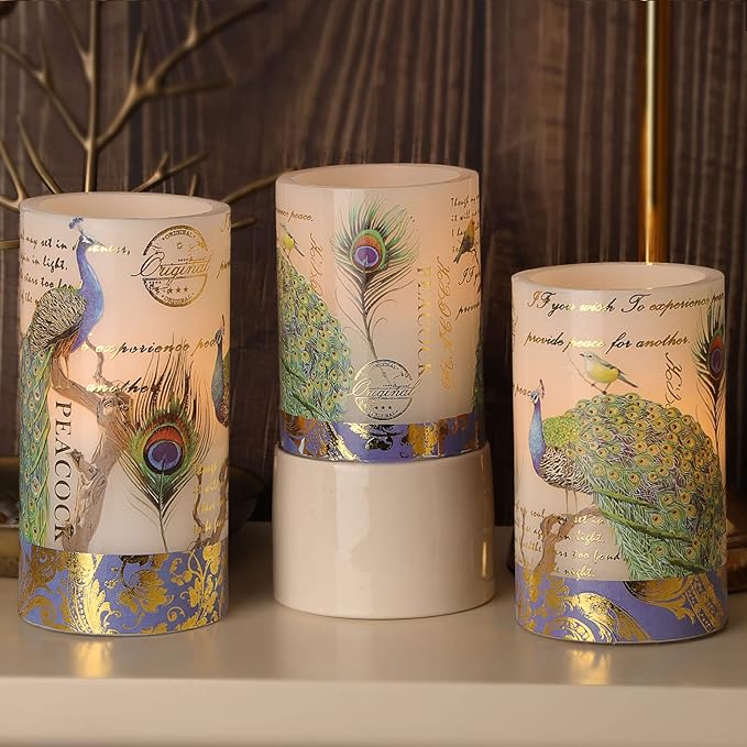 Flameless Peacock Battery Operated Candles With Remote - Flickering Pillar Real Wax LED Vintage Home Decor for Spring, Wedding, Mother's Day Gifts-VerdiqueGarden