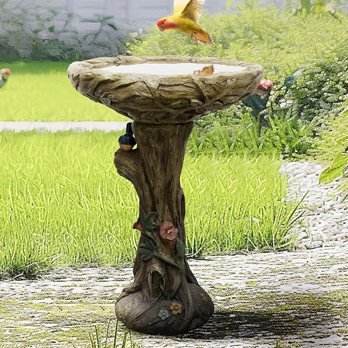 SunJet 25.5 Inch Heigh Wood-Look Concrete Bird Bath with Decorative Faux Bird – birdbath Rustic & Long-Lasting Design, Enhances Garden, Patio, Yard, Lawn Décor-VerdiqueGarden