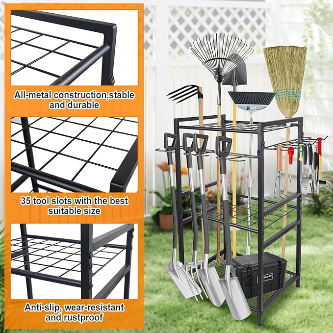 3 Tier Garden Tool Organizer, Yard Tool Tower Rack, Tool organizer up to 78 Tools, Heavy Duty Garden Tool Organizer for Garage, Yard, Patio, Shed, Indoors and Outdoors, Black-VerdiqueGarden