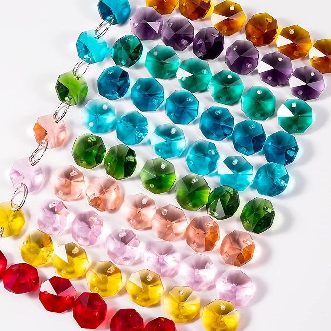 100 Pcs Glass Octagon Crystal Beads 14mm Colorful Crystal Chandelier Parts Replacement Beads DIY Lamp Hanging Pendant Suncatcher Beads-VerdiqueGarden