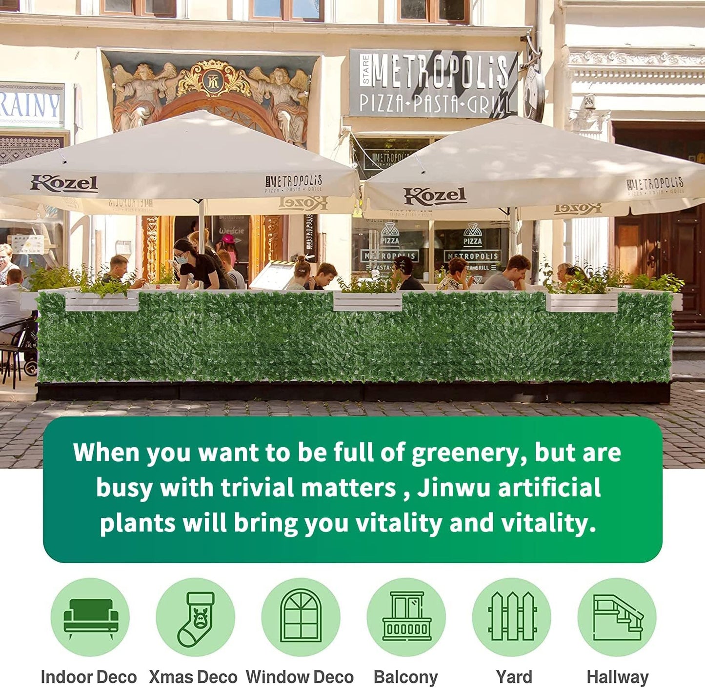 Jinwu Artificial Ivy Privacy Fence Screen (2 Rolls, Total 69x98.4 inch), Expandable Faux Privacy Fence with 79 pcs Zip Ties, Decoration for Outdoor Garden, Solid-Color Sweet Potato Leaf (Budget)-VerdiqueGarden