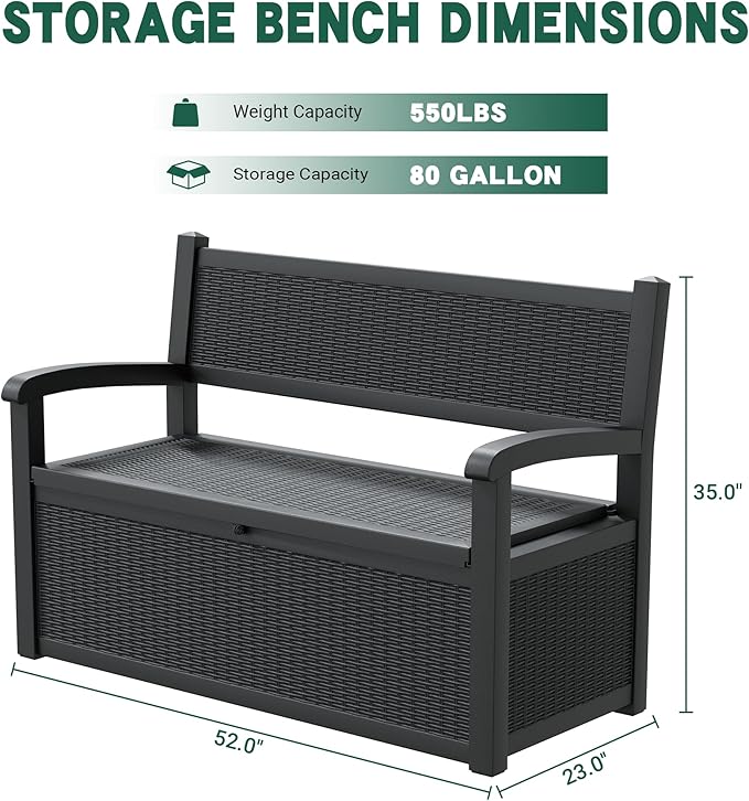 80 Gallon Outdoor Storage Box, Resin Patio Furniture with Armrest, Lockable Deck Box with Waterproof and UV Resistant for Patio Cushions, Garden Tools and Pool Supplies, Black-VerdiqueGarden