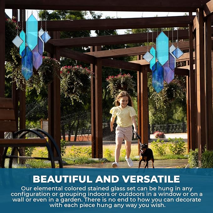 Stained Glass Window Hanging Sun Catcher - Blue Wall Art, Earth Tones Modern Design, Fully Assembled, Ready to Hang, Home or Garden Decor-VerdiqueGarden