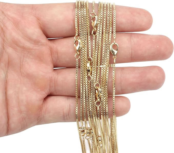 ALEXCRAFT Wholesale 6PCS 14K Gold Plated Brass Box Chain Necklace Bulk for Jewelry Making (18 inch)