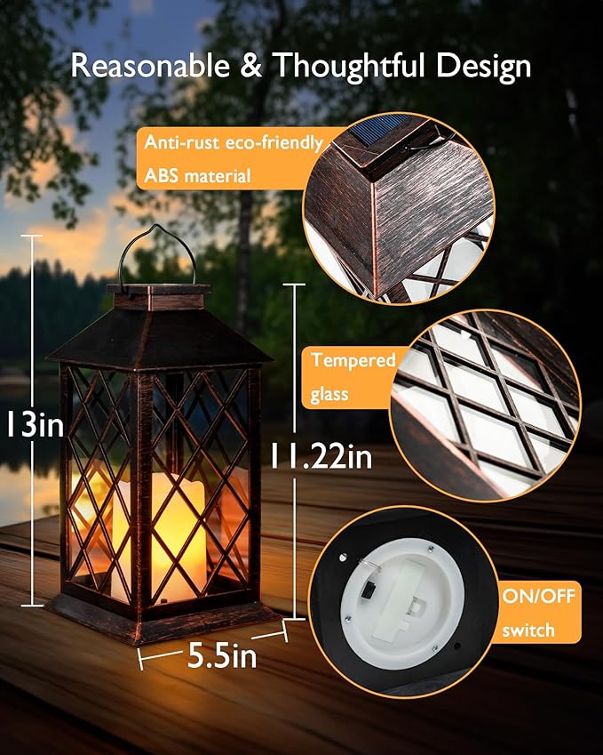 Homemory Solar Lanterns Outdoor Waterproof Hanging with Flickering Flameless Candles, 2 Pack 13'' Garden Outdoor Lantern Decorative for Patio Front Porch Backyard Balcony Cabin Outside(Antique Copper)-VerdiqueGarden