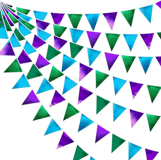 Blue Green Purple Party Decorations Metallic Fabric Triangle Pennant Banner Flag Bunting for Men Boys Video Game Theme Birthday Graduations Retirement Wedding Bachelor Baby Shower Party Supplies-VerdiqueGarden
