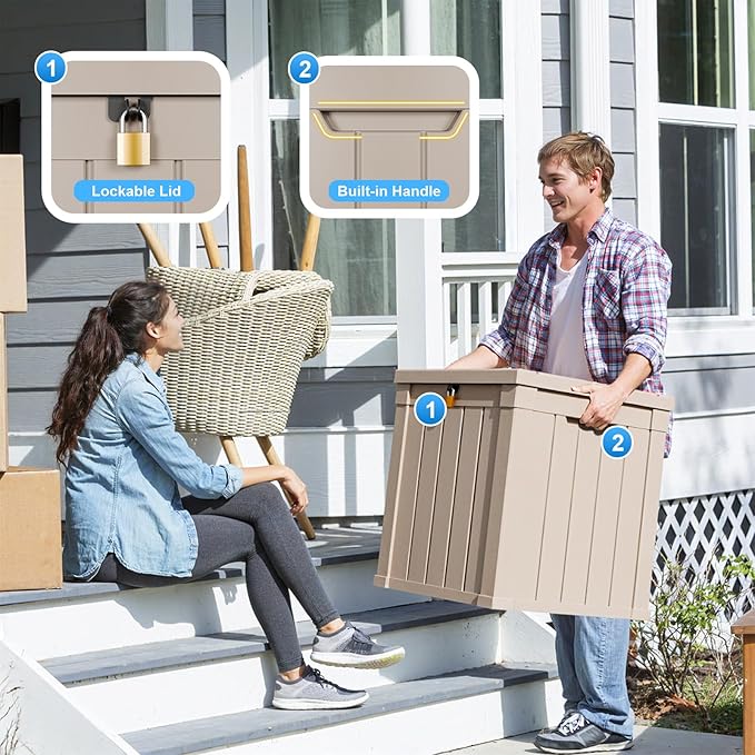 DRATO 50 Gallon Deck Box, Outdoor Storage Box for Patio Cushion, Sports Equipment, Garden Tools, Waterproof Patio Storage box, Lockable (Light Brown)-VerdiqueGarden