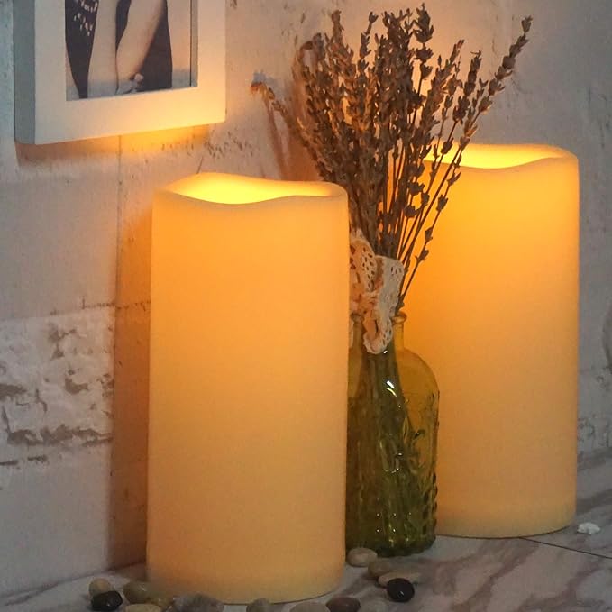 Waterproof Outdoor Flameless Candles with Remote, Set of 2, Large 4” x 8” Battery Operated Electric LED Pillar Candle Set for Home Décor Party Wedding Supplies Garden Christmas Decoration Gift-VerdiqueGarden