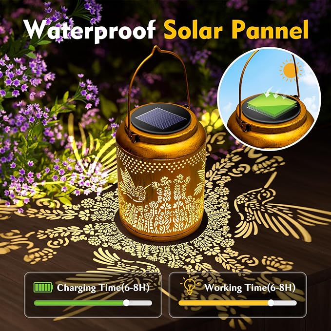 Hyrion Hummingbird Solar Lanterns Outdoor Waterproof Metal Hanging Lights, Garden Decor Gifts for Women, Mom, Grandma Solar Decorations for Yard, Patio, Backyard, Porch, Lawn, Tabletop, Walkway-VerdiqueGarden