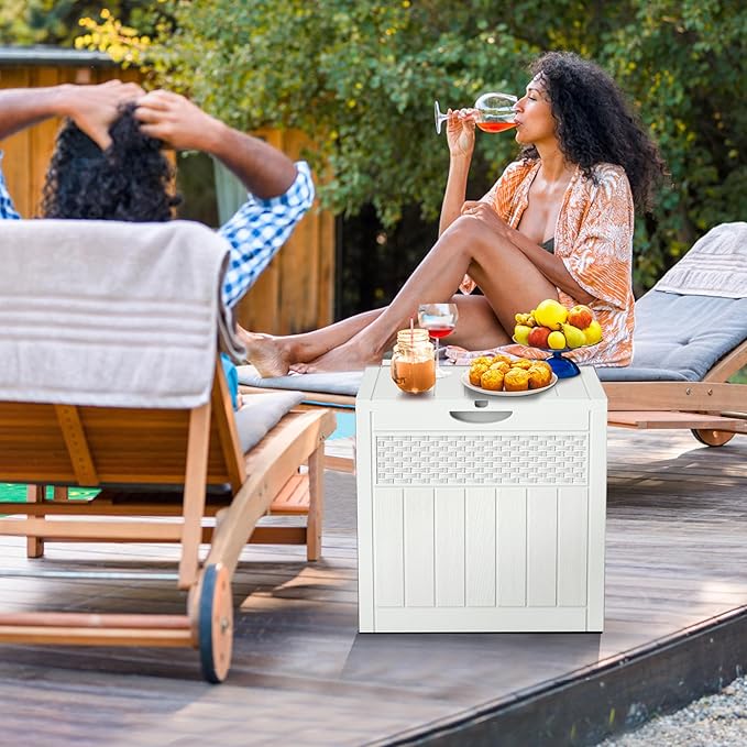 33 Gallon Resin Deck Box, Weatherproof Outdoor Storage Box for Patio, Garden and Yard, Lockable Waterproof Bin for Tools, Cushions, and Accessories, White-VerdiqueGarden