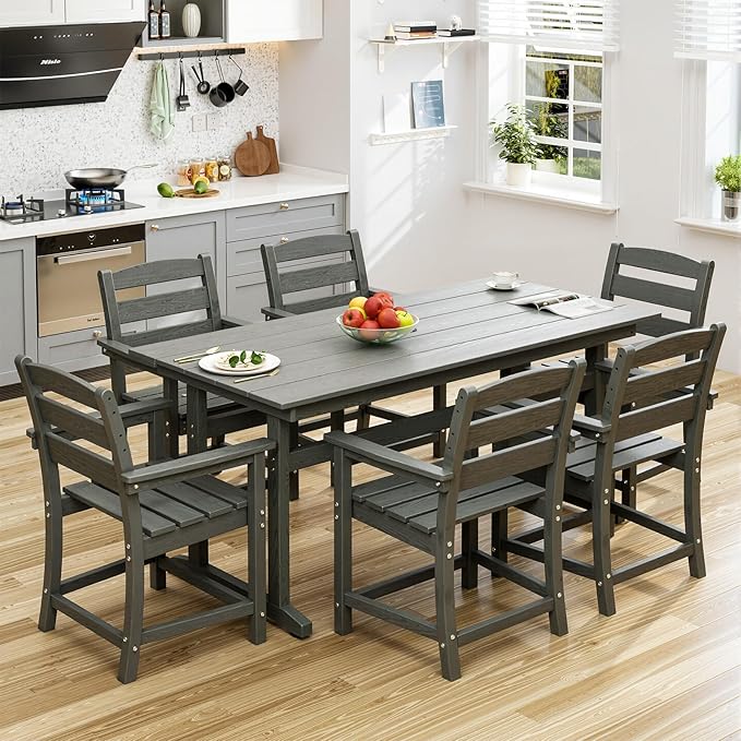 7pcs Outdoor Dining Set, HDPE Patio Dining Set for 6, All-Weather Outdoor Table and Chairs with Umbrella Hole & Adjustable Pads, Modern Patio Furniture Set for Backyard, Poolside &Lawn (Grey)-VerdiqueGarden