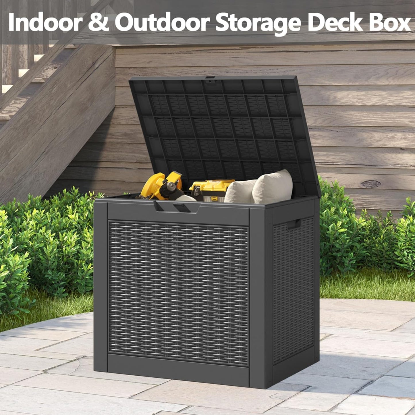 Deck Box, 31 Gallon Resin Outdoor Storage Box, Waterproof and UV Resistant Lightweight Storage Deck Box for Garden Tools, Supplies-VerdiqueGarden