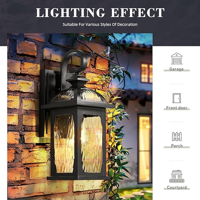 zeyu 2 Pack Outdoor Wall Lamps, 15-inch Black Exterior Light Fixtures for Patio House, Die-Cast Aluminum with Water Ripple Glass, Black Finish, ZD100B-2PK BK-WP-VerdiqueGarden