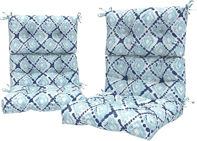 LVTXIII Outdoor Tufted High Back Cushions Set of 2 Patio Seasonal Replacement Rocking Chair Cushion with Ties, Solid Seat and Back Chair Cushion, (44” L x 22W”, Boho Geometry Blue)-VerdiqueGarden