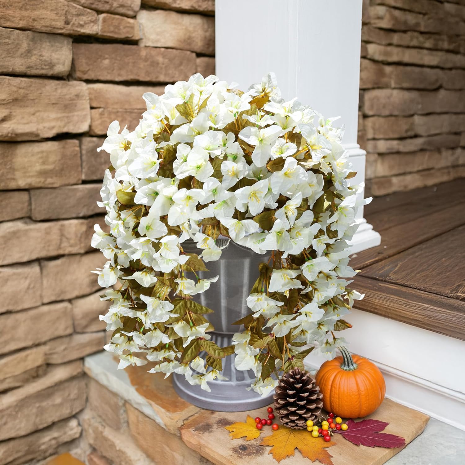 Bougainvillea Artificial Fall Hanging Flowers Plants for Outdoors Autumn Decoration, 2pcs Faux Bougainvillea Vines White Fake Flowers Realistic UV Resistant Silk Flowers for Outside Planter Yard Home-VerdiqueGarden