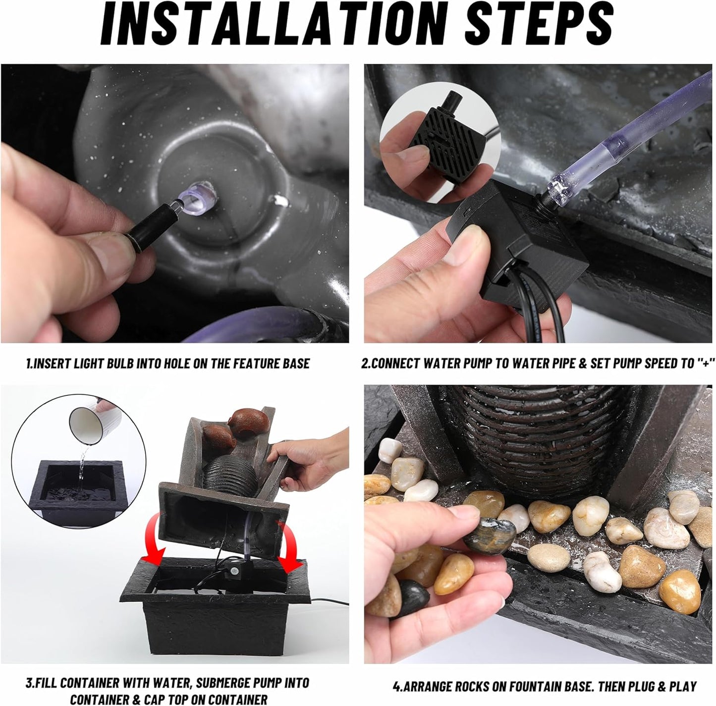 16 inch Waterfall Fountain Indoor-Tabletop Water Fountain-Outdoor Waterfall Spilling into pots Hung on monolithic Water Wall-with LED Lights-Soothing Indoor Waterfall Sounds from Water Machine-VerdiqueGarden