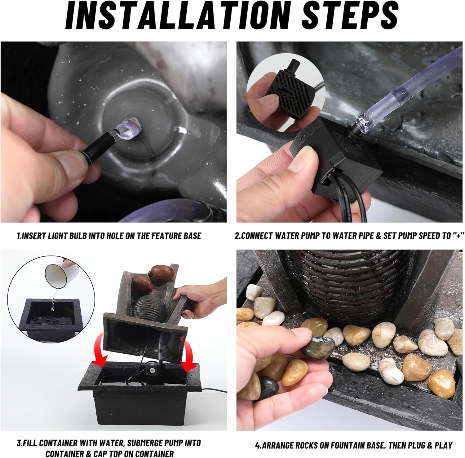 16 inch Waterfall Fountain Indoor-Tabletop Water Fountain-Outdoor Waterfall Spilling into pots Hung on monolithic Water Wall-with LED Lights-Soothing Indoor Waterfall Sounds from Water Machine-VerdiqueGarden