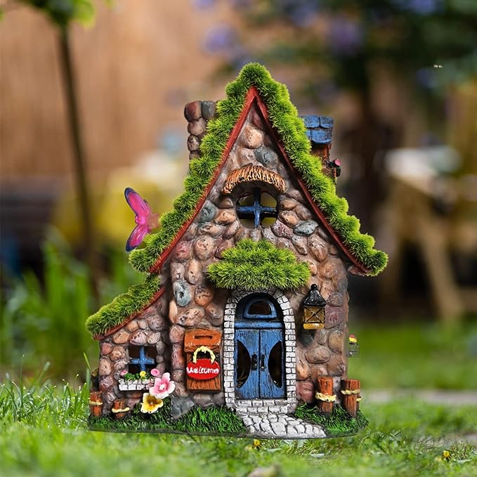 ASAWASA Resin Fairy House Statues with Solar Powered Lights, Funny Garden Sculptures with Flocked and Cobblestone Decor, Exquisite Garden Cottage Figurines-VerdiqueGarden