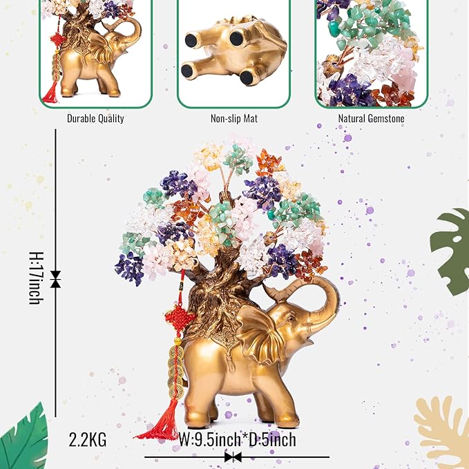 7 Chakra Crystal Money Tree on Gold Elephant Statue, 17”Large Gemstone Bonsai Tree of Life Home Décor Gifts for Wealth Positive Energy, Feng Shui Décor-VerdiqueGarden