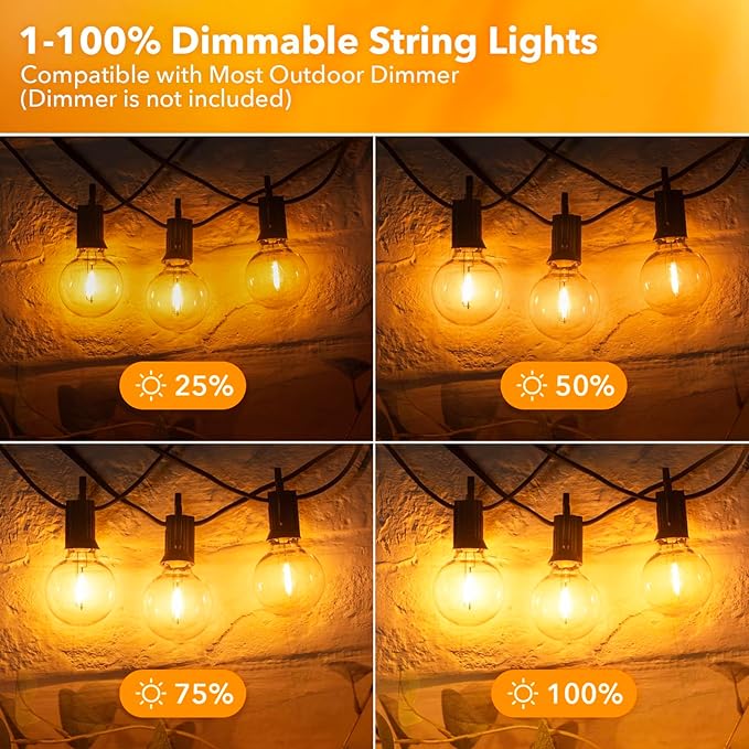 Outdoor String Lights – 50ft Connectable Patio Lights with 52 G40 LED Plastic Bulbs (2 Spare) Outside Vintage Hanging Lights for Backyard Bistro Balcony Porch Party Wedding, E12, 2200K, Black-VerdiqueGarden