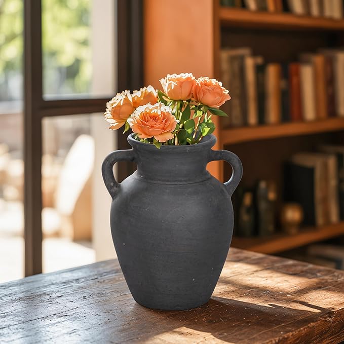 Sagebrook Home Black Boho Terracotta Vase - Amphora-Style Decorative Flower Holder for Home, Office & Living Room - 9" Black-VerdiqueGarden