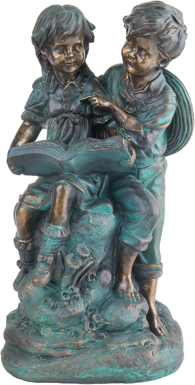 Alpine Corporation 15" Tall Indoor/Outdoor Girl and Boy Reading Together Statue Yard Art Decoration-VerdiqueGarden
