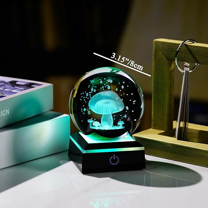 Qianwei 3D Crystal Ball Night Light - 3.14'' Mushroom Decor Glass Plants Lamp Figurines Statue for Room Decoration-VerdiqueGarden
