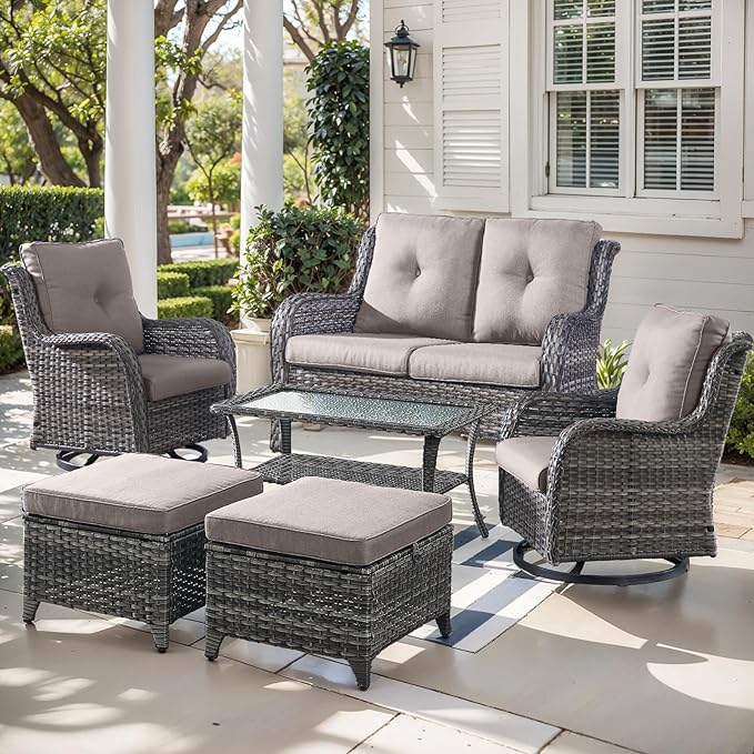 Outdoor Wicker Patio Furniture Set - 6 Piece Rattan Patio Conversation Set with 2 Rocking Swivel Chairs,2 Ottomans,1 Loveseat and 1 Coffee Table for Porch Deck Backyard Garden(Mixed Grey/Grey)-VerdiqueGarden