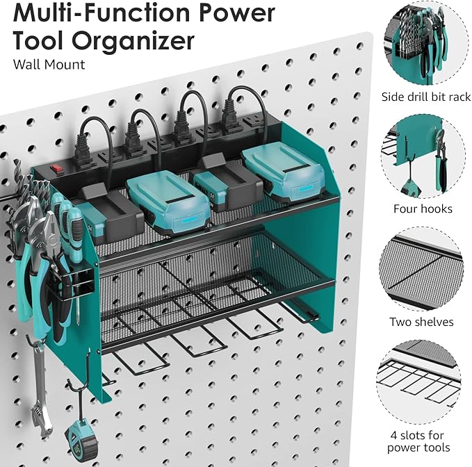 CCCEI Set Power Tool Organizer Wall Mount with Charging Station. Garage 4 Drill Storage Shelf with Hooks, Heavy Duty Metal Tool Battery Charger Organizer. Shop Utility Rack with Power Strip Navy Blue.-VerdiqueGarden