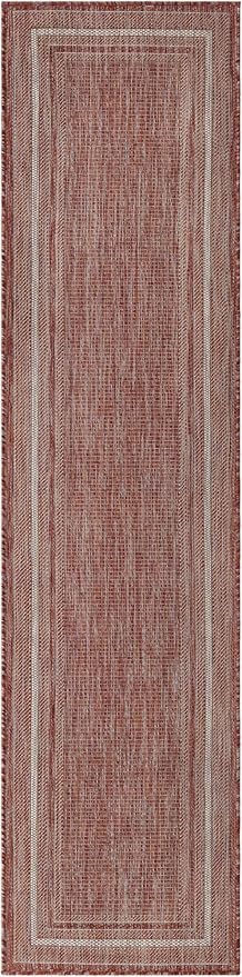 Unique Loom Outdoor Border Collection Area Rug - Soft Border (2' x 8' Runner, Rust Red/ Ivory)-VerdiqueGarden
