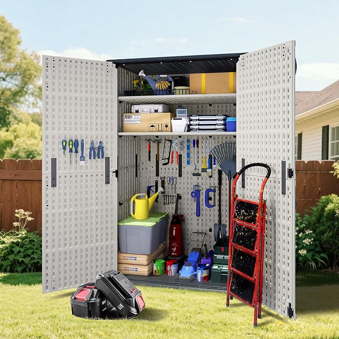 Greesum Outdoor Storage Shed Without Divider, 45 cu.ft Outdoor Waterproof Storage Cabinet for Garden Tools, Pool Storage, Garbage Cans, Beige-VerdiqueGarden